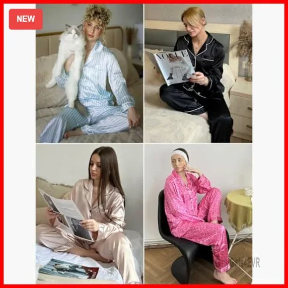 Long Sleeve Satin Pajama Set Classic Button Down Lounge Wear
